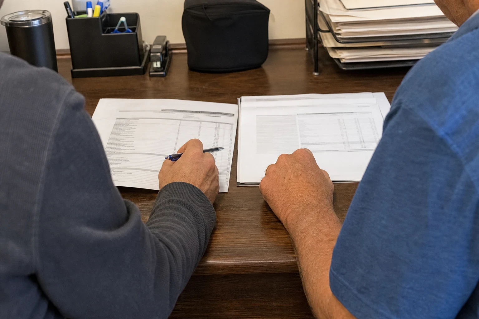 Two people seen from behind at a wooden office desk, one holding a pen over a printed statement placed beside a second document with a table of figures