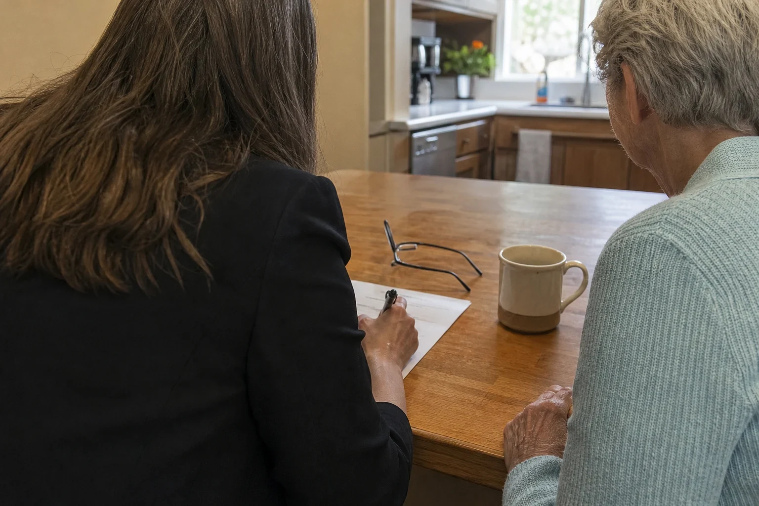 Agent in a dark blazer writes on a paper form at a wooden kitchen table beside an older woman, with reading glasses and a coffee mug nearby