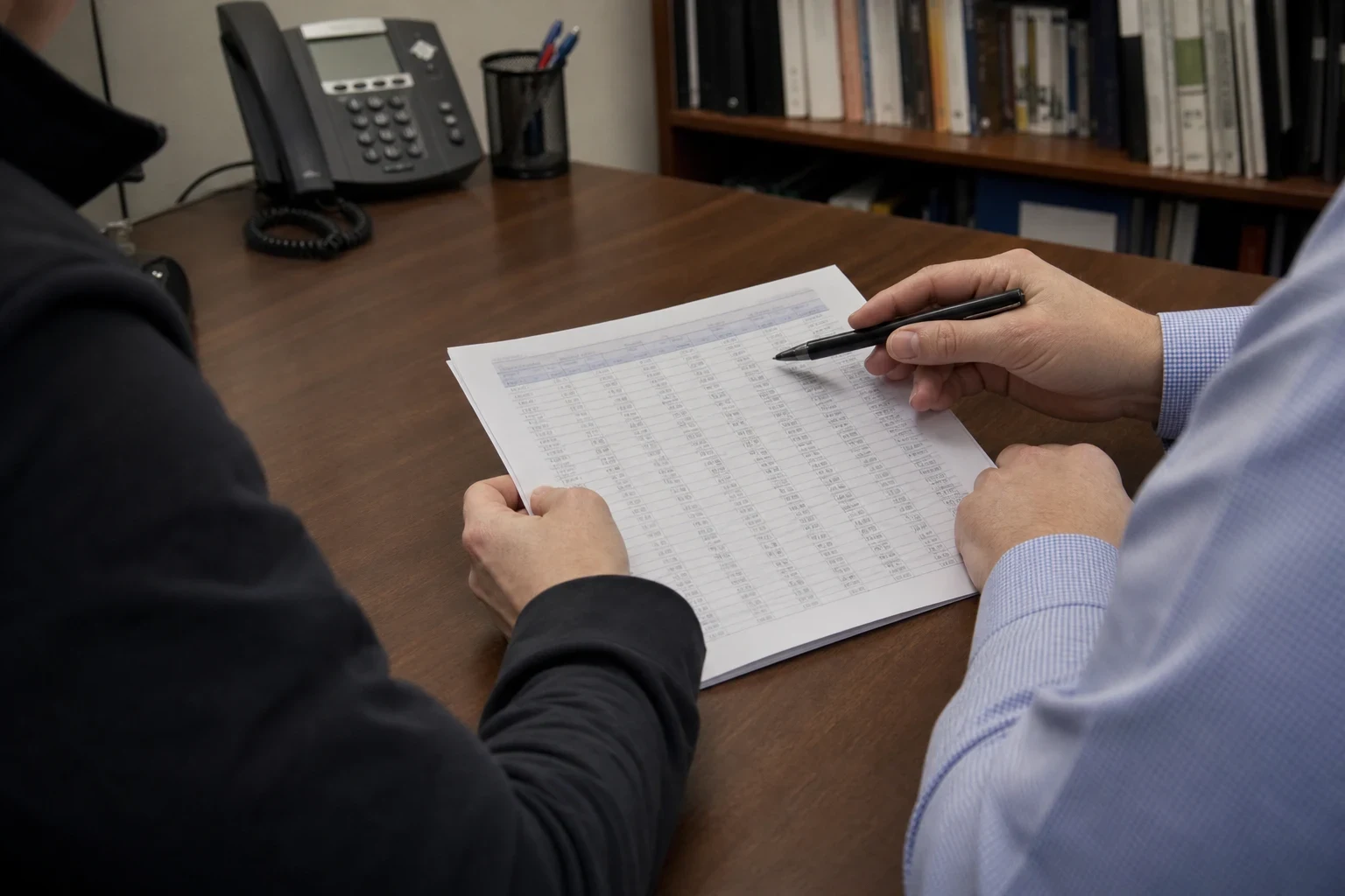 Over-the-shoulder view of an agent in a blue shirt pointing a pen at a printed table of figures as a client in a dark jacket holds the page at a wooden desk